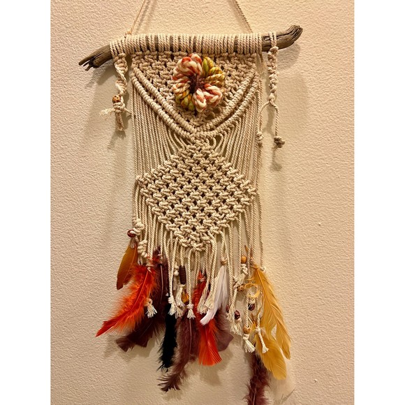 Fall Vibes Wall Hanging w/ feathers and flower | Boho home decor Rustic Tapestry - Picture 1 of 6